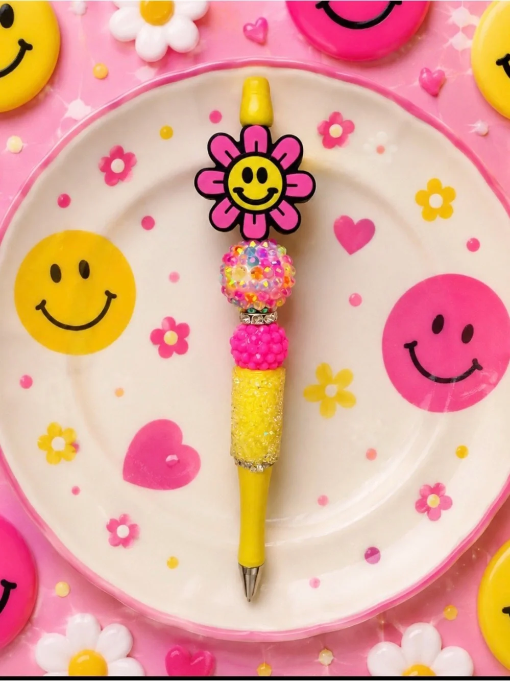 Handmade Happy Daisy Beaded Ballpoint Pen - Pink & Yellow